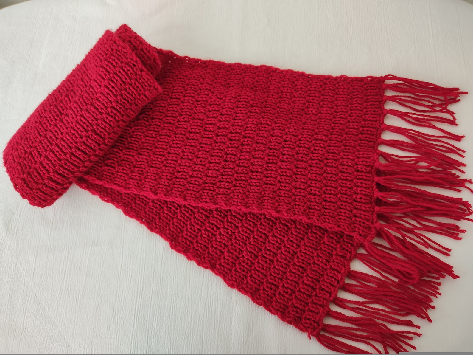 Red Knit Scarf With Fringe Wool Chunky Knitted Scarf Etsy