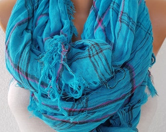 Turquoise Plaid Cotton Scarf, So Soft Tartan,striped Shawl, Cowl Gift Ideas For Her Women Fashion Accessories,Women Scarves