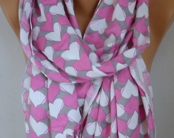 Gray & Pink White Heart Print Pashmina Scarf,Wedding Scarf,Bridesmaid Gift,Cotton Shawl Cowl Scarf Gift Ideas For Her Women Fashion