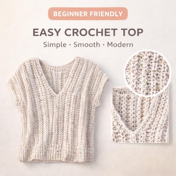 Crochet V Neck Top Handmade | Minimal Crochet Sweater | Short Sleeve Crochet Top | Everyday Crochet Clothing