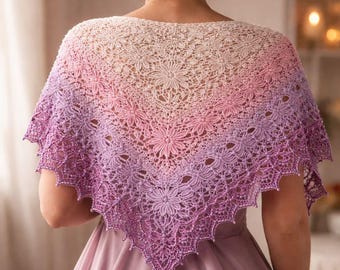 Floral Lace häkeln Schal Muster - Elegantes Dreieck Wrap, Leichter Spitzenschal PDF, Romantisches Häkeldesign mit Farbverlauf