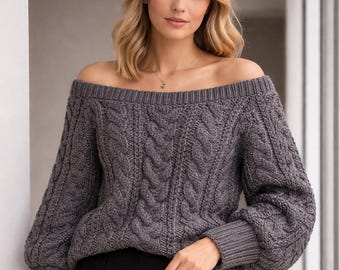 Schulterfreier Häkelpullover Handmade | Zopfmuster Pullover | Gemütlicher Häkelpullover | Winter Kleidung häkeln