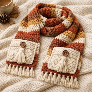 May include: A handmade crochet scarf with a striped pattern in shades of brown, orange, and cream. The scarf features two cream-colored pockets with wooden buttons and tassels. The scarf is a cozy accessory.
