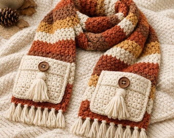 Taschen Häkelschal Muster - Kuscheliger Knopfschal mit Taschen, klobiger Winterschal, anfängerfreundlich, PDF häkeln