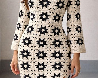 Oma Quadrat Häkelkleid Handmade | Boho Häkelkleid | Figurbetontes Häkelkleid | Vintage Häkelkleidung