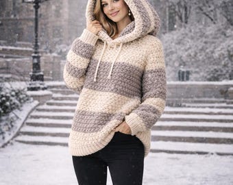 Crochet Hoodie Pullover Handgemacht | Gemütlicher gehäkelter Kapuzenpullover | Übergroßer Häkelpullover | Winter Kleidung häkeln