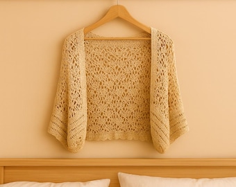 Häkel-Cardigan Muster - Lacy Sommer Shrug PDF, Leichte Openwork-Strickjacke, einfaches Häkel-Kimono, Boho-Pullover-Muster für Frauen