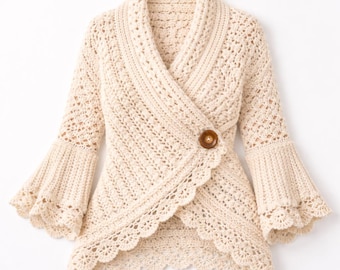 Häkelspitze-Strickjacke Mit Fotos / Diagramm | Handmade Wrap Crochet Pullover | Boho Knopf Strickjacke | Vintage Häkelkleidung