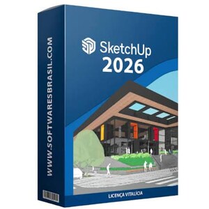 Könnte beinhalten: Blaue Box für die Software SketchUp 2026. Die Box zeigt eine Grafik eines modernen Gebäudes mit Personen und einem Baum. Der Text "SketchUp 2026" ist weiß, und die Website-Adresse befindet sich an der Seite.