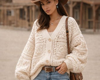 Grandma Square Crochet Cardigan Handmade | Knopfleiste gehäkelter Pullover | Boho Häkeljacke | Vintage Häkelkleidung