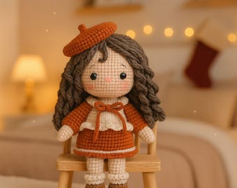 Patrón de muñeca de niña a crochet hecha a mano / Linda muñeca amigurumi en PDF / Juguete de peluche suave y fácil / Diseño de muñeca a crochet para principiantes