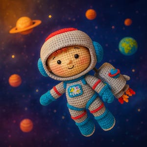 Puede incluir: Muñeca de astronauta de ganchillo con un traje espacial gris, detalles azules y un casco a rayas rojas. La muñeca tiene una cara sonriente y está ambientada en un fondo de planetas y estrellas, creando un tema espacial caprichoso.