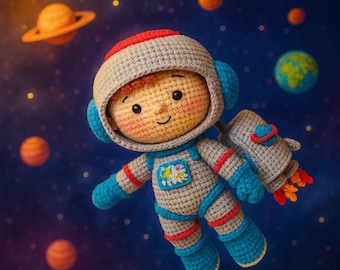 Astronauten Puppe Häkelanleitung - Weltall Amigurumi PDF, Stofftier mit Rakete, einfache Häkelanleitung für Anfänger