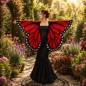 May include: A crochet butterfly wing shawl featuring vibrant red panels with black veins and a white-dotted border, worn over a simple black floor-length dress. The shawl mimics the appearance of monarch butterfly wings with intricate stitching.