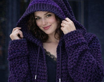 Handgefertigte Winter-Pullover mit Kapuze, gehäkelte Kapuzenjacke, gehäkelte Kapuzenjacke, moderner Häkelmantel