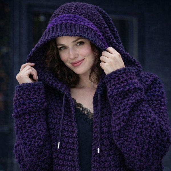 Modèle de veste à capuche au crochet épaisse - Cardigan à capuche confortable au crochet, PDF pull fait main d'hiver, manteau au crochet moderne
