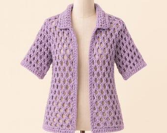 Modello per maglione a rete all'uncinetto fatto a mano / Cardigan estivo color lavanda in PDF / Top leggero a trama aperta / Modello all'uncinetto facile e arioso