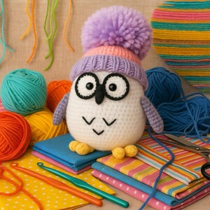 Gufo di peluche all'uncinetto con schema per cappello invernale / Tutorial PDF per un grazioso gufo amigurumi / Peluche all'uncinetto per le feste / Schema per un peluche adatto ai principianti /