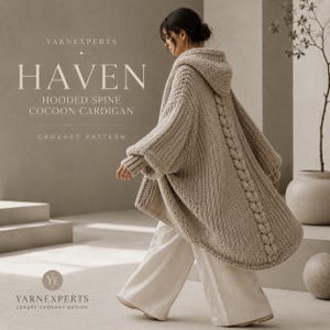 May include: A woman wearing a beige hooded cocoon cardigan with a cable knit spine detail. The cardigan is part of a crochet pattern called "Haven" by YarnExperts. The image also features the text "Hooded Spine Cocoon Cardigan" and "Crochet Pattern".