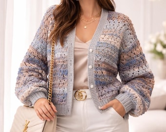 Gestreifte häkeln Strickjacke Handarbeit | Knopfleiste gehäkelter Pullover | Gemütliche Boho Strickjacke | Vintage Häkelkleidung