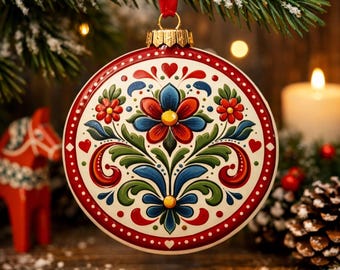 Retro Scandinavian Heritage Handmade Ornament, Norwegian Rosemaling, Nordic Folk Art Holiday Decor, Norse Traditional Artwork Decoration