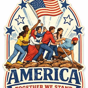 May include: A sticker featuring a diverse group of people carrying an American flag. The image includes the text "AMERICA TOGETHER WE STAND" in a patriotic design with stars and stripes.