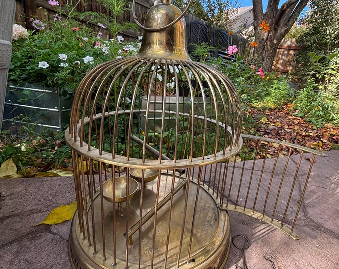 Featured listing image: Vintage Brass Bird Cage with Perch, Swing, and Dishes