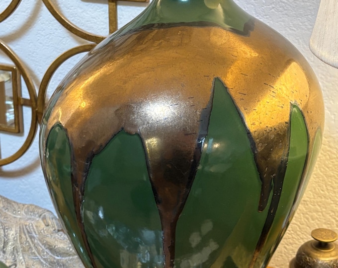 Featured listing image: Vintage Haeger Green Drip Vase, Metallic Bronze Glaze, 1980s Decor