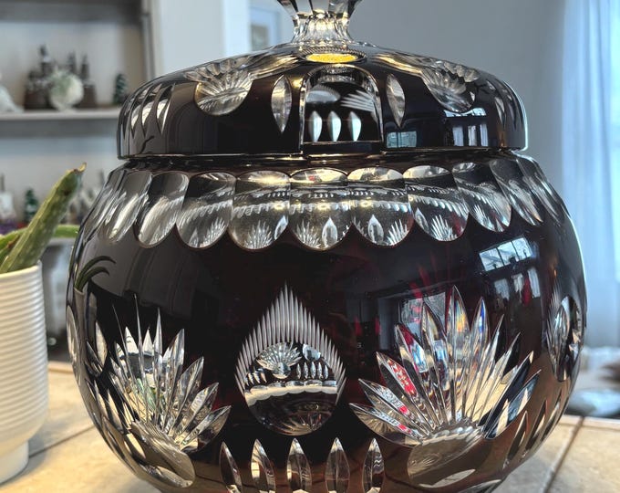 Featured listing image: Gorgeous Vintage German Echt Kristall Deep Red Cut to Clear Large Bowl with Lid- Very Heavy!