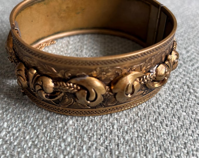 Featured listing image: Victorian Revival Vintage Gold Toned Brass Repousse Hinged Bracelet