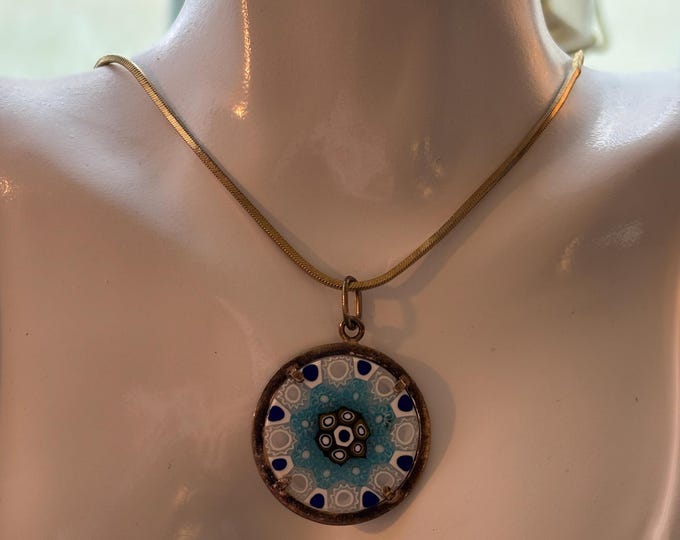 Featured listing image: Vintage Gold Tone Millefiori Pendant Necklace, Stained Glass Style