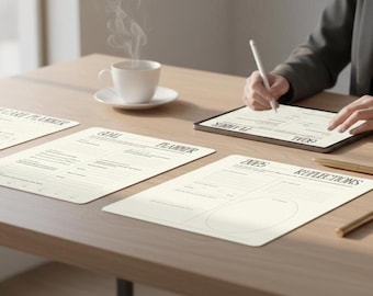 Puede incluir: Un escritorio de madera con una taza de café, planificadores y una tableta. Los planificadores tienen texto que dice "Self Care Planner", "Goal Planner" y "2023 Reflections". Una persona está escribiendo en la tableta con un lápiz.