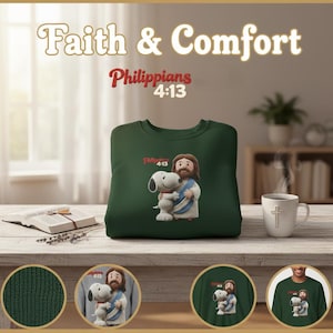 Snoopy och Jesus Filipperbrevet 4:13 Tröja, Jag kan göra allt genom Kristus, kristen virkad stil rund hals, religiös gåva till henne,