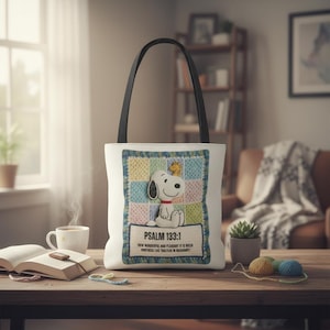 Snoopy Psalm 133:1 tygväska, virkad jordnötter-väska, religiös kristen gåva, Woodstock Harmony-väska, bibelvers-tygväska, amigurumi-tryck