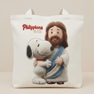 Snoopy och Jesus tygväska Filipperbrevet 4:13, kristen virkad axelväska, religiös present till henne, jag kan göra allt bibelvers