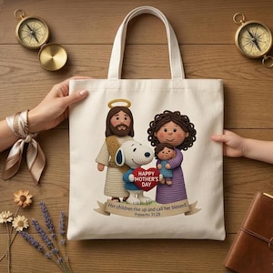 Mors dag-tygväska, Jesus Snoopy virkad konsttryck, Ordspråksboken 31:28 kristen gåva