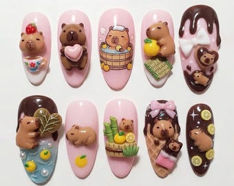 Sweet 3D Capybara Dessert Press On Nails | Cute Chocolate & Pink Kawaii Nails | Hand-Painted Onsen Capybara Nails