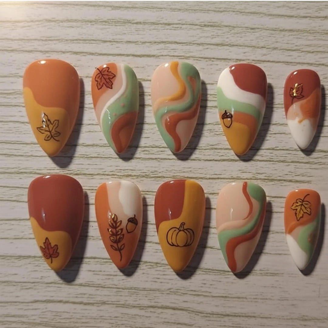Retro Fall Swirl Press on Nails | Autumn Pumpkin & Leaf Nail Set ...