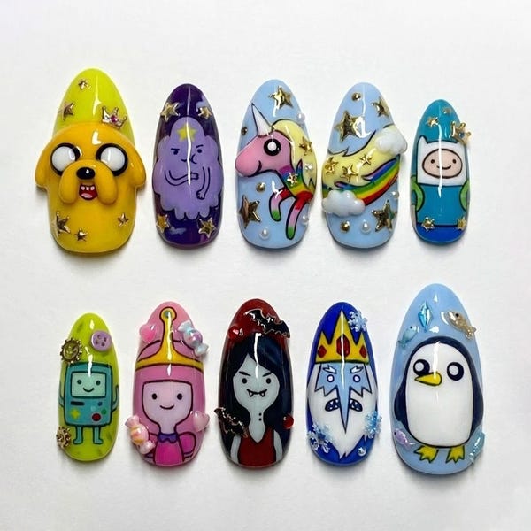 Handmade Adventure Time Press-On Nails | Hand-Painted Finn, Jake, BMO, Marceline & Princess Bubblegum | 3D Cartoon Art
