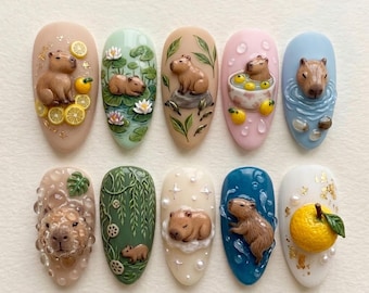 Uñas postizas Kawaii 3D Capybara Picnic / Diseño de uñas de fresa y cuadros vichy / Uñas postizas Cottagecore Garden