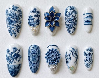 Luxury Blue and White Porcelain Press On Nails | Chinoiserie 3D Floral Hand Painted Nails | Imperial Dragon & Crane Fake Nails