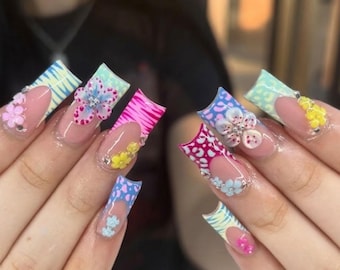 Y2K Duck Press On Nails | Colorful Leopard & Zebra Print Nails | Neon 3D Flower Wide Nails | Retro 2000s Aesthetic Pop Art Fake Nails