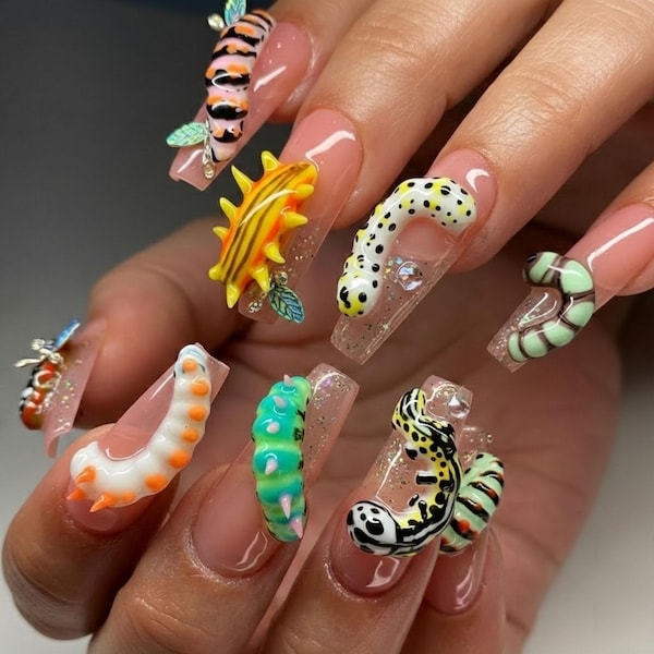 Handmade Realistic 3D Colorful Caterpillar & Larvae Press On Nails | Entomology Insect Bug Art | Clear Coffin Goblincore Nature Nail Set