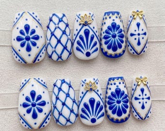 Handmade Blue and White Porcelain Press-On Nails | Chinoiserie Lotus & Floral Pattern | Luxury Hand-Painted Gold Trim Reusable Nails