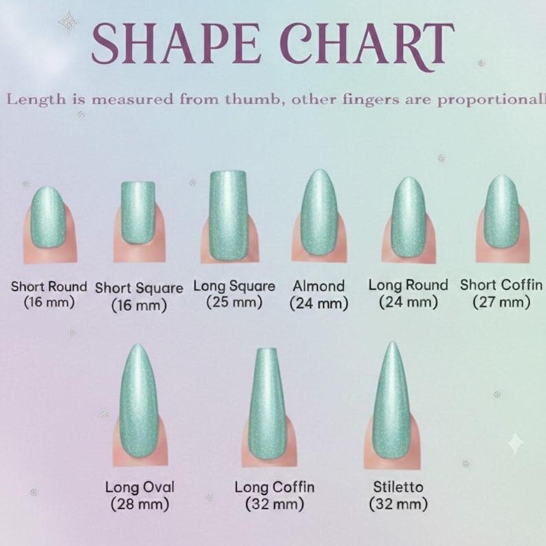 Peut inclure: Un tableau des formes d'ongles pr&eacute;sente diff&eacute;rents styles d'ongles, notamment Short Round (16 mm), Short Square (16 mm), Long Square (25 mm), Almond (24 mm), Long Round (24 mm), Short Coffin (27 mm), Long Oval (28 mm), Long Coffin (32 mm) et Stiletto (32 mm).