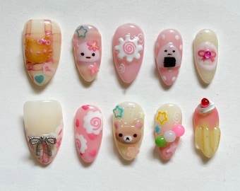 Handmade Kawaii Press On Nails | Rilakkuma, Rice Ball, Candy, Bow & Dessert Designs | Japanese Cute Y2K Pastel Pink Yellow Nails
