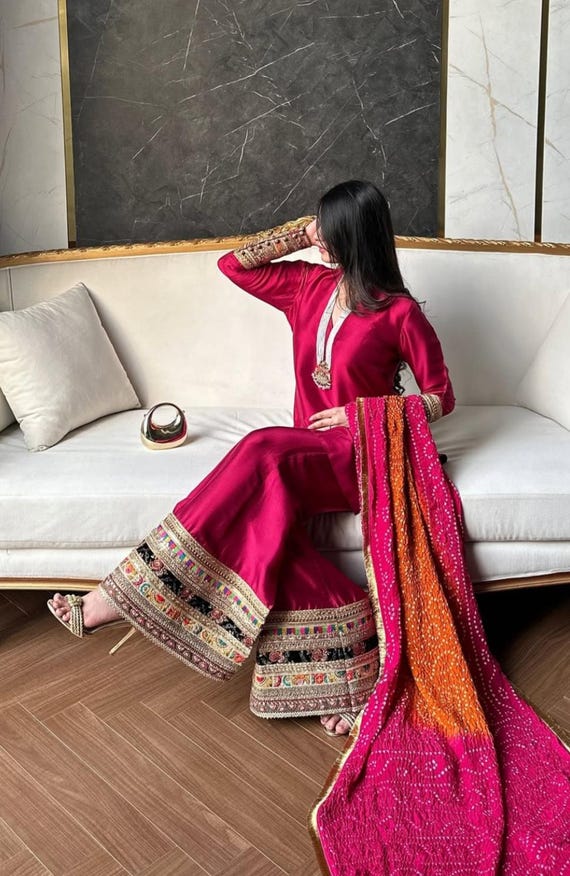 Magenta  Sheesha Silk Kurta Wide Trouser Set with Chunri Dupatta: Pakistani Indian Wedding