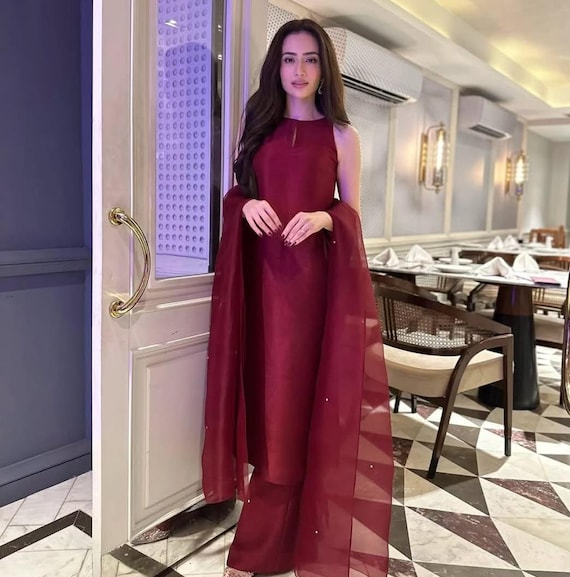 burgundy dress pakistan Shop Embroidered Maroon Kameez Pakistani Party Dress LARGE main image 1