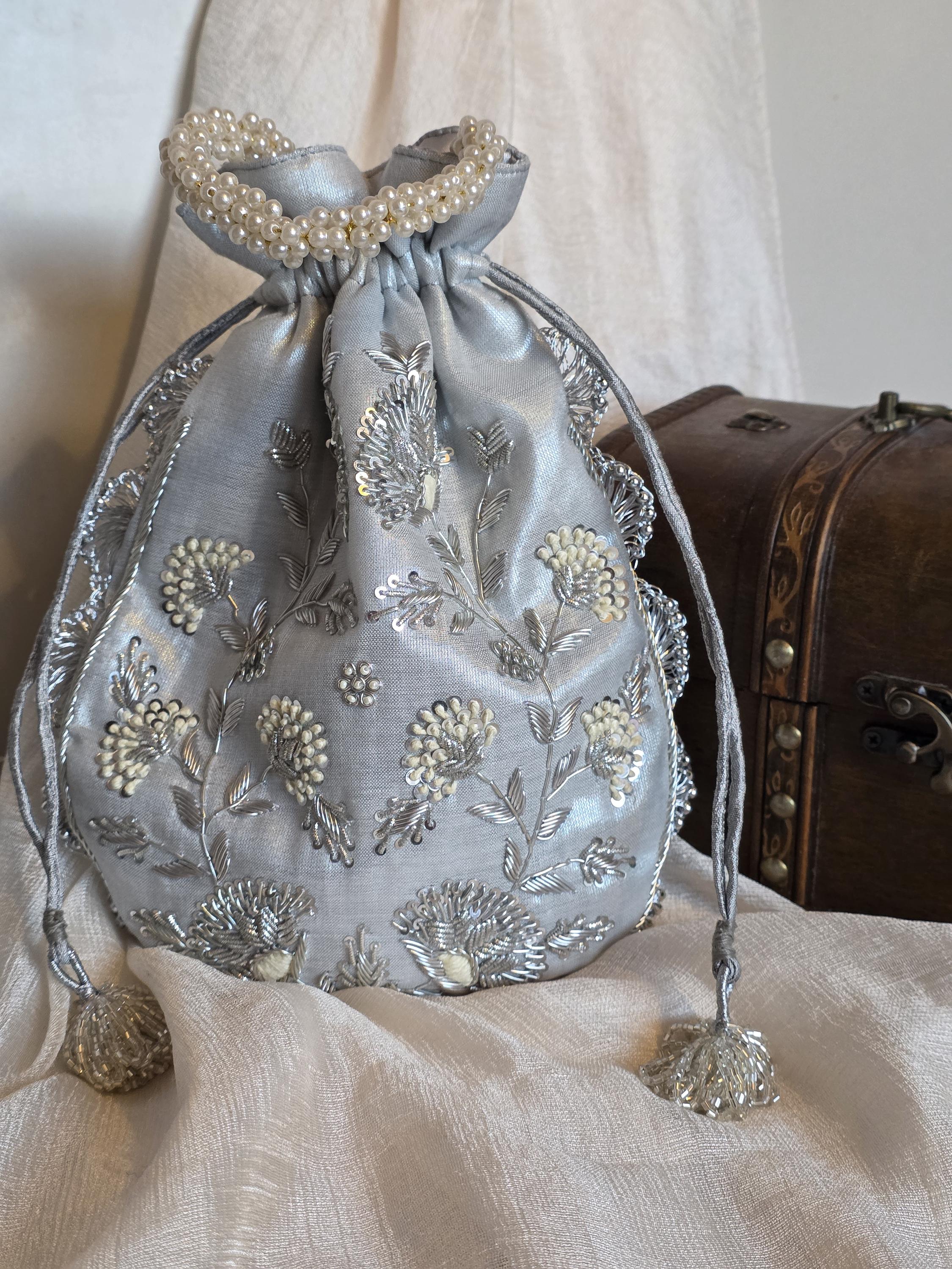Handcrafted Silver Zardozi Potli Bag: Tissue Silk Wedding Pouch