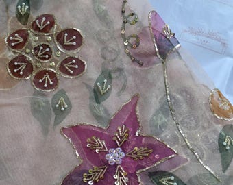 Handpainted floral organza dupatta with dabka, mirror, naqshi and sequins embroidery